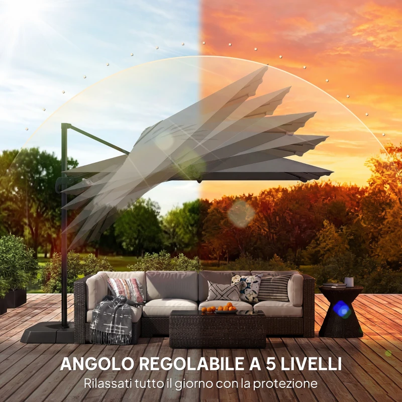 Outsunny Ombrellone Decentrato e Inclinabile 3x3 m con Base a Croce Riempibile e Manovella, in Poliestere Grigio Scuro