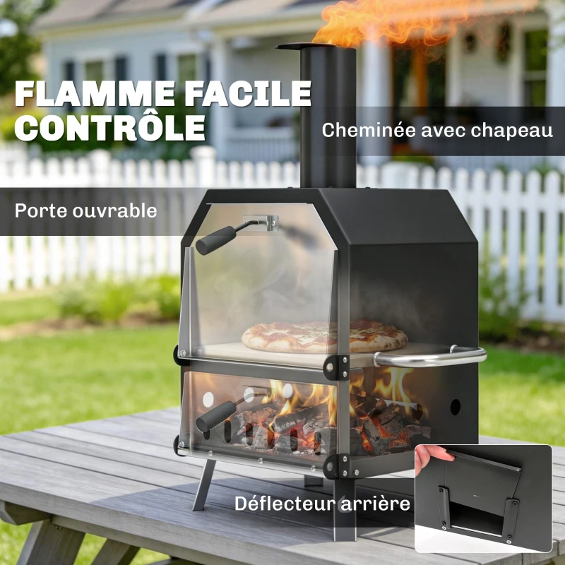 Outsunny Four à Pizza Extérieur à Bois et Charbon 2 Étages Combiné Barbecue Fumoir Pierre de 30 cm et Pelle Portable Noir