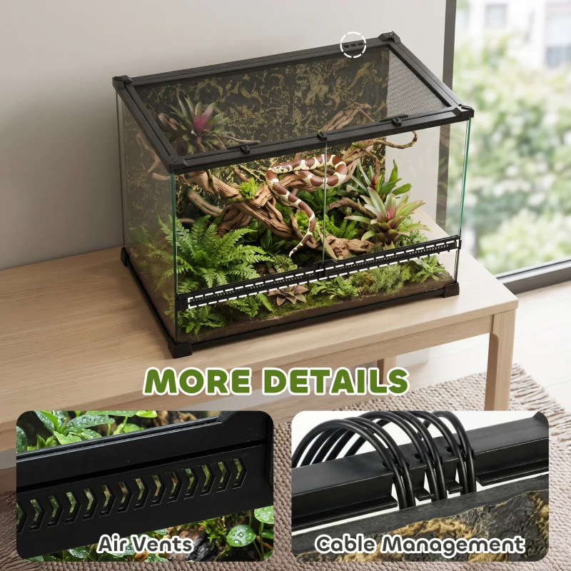 PawHut Boîte à Reptiles avec Panneau de Fond, Fermeture Sécurisée Par Rotation, Ventilation Frontale, 50x30x35cm, Noir