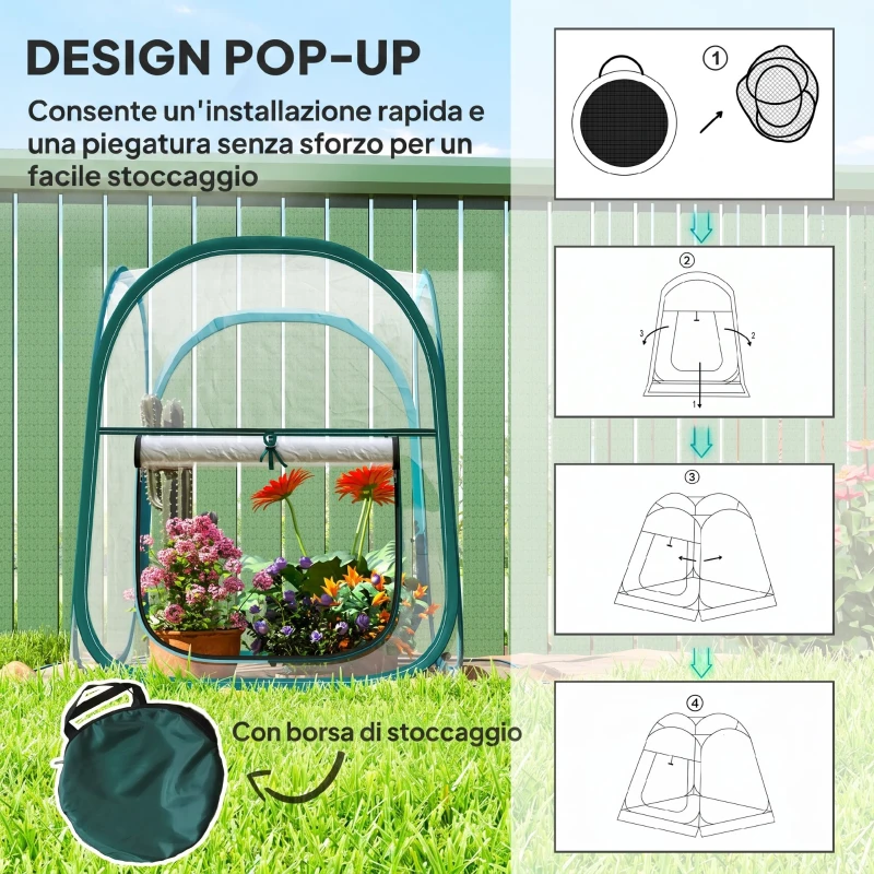 Outsunny Mini Serra Pop Up con Copertura in Plastica, Finestra Avvolgibile e Borsa, 70x70x80 cm, Trasparente