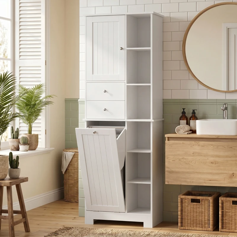 HOMCOM Armario de Baño Alto de 171 cm Armario de Baño Estrecho con Cesta de Ropa Extraíble 2 Cajones Blanco