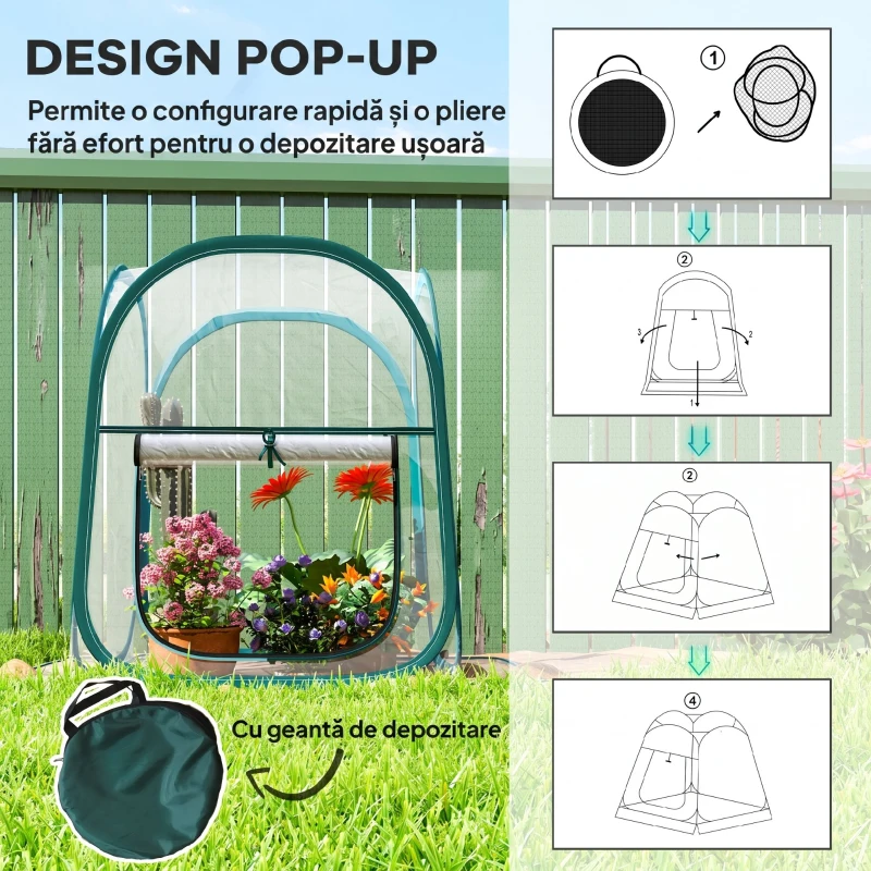 Outsunny Mini Seră Pop-Up cu Acoperire din Plastic, Fereastră Rulabilă și Geantă, 70x70x80 cm, Transparentă