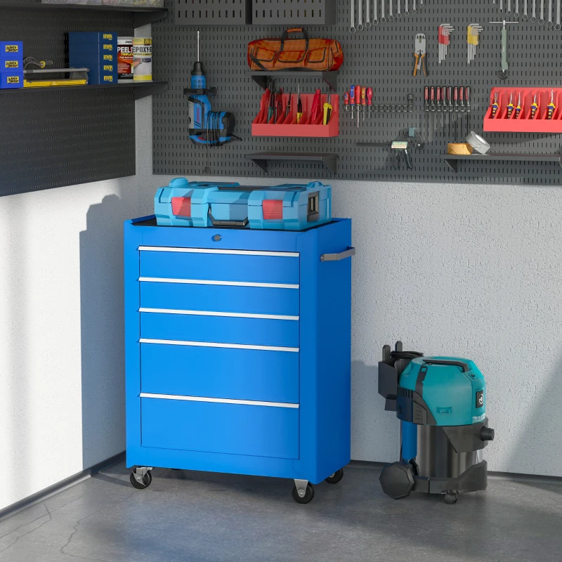 HOMCOM Werkzeugschrank, Werkzeugkiste, 5 Schubladen, rollbar, Stahl, Blau
