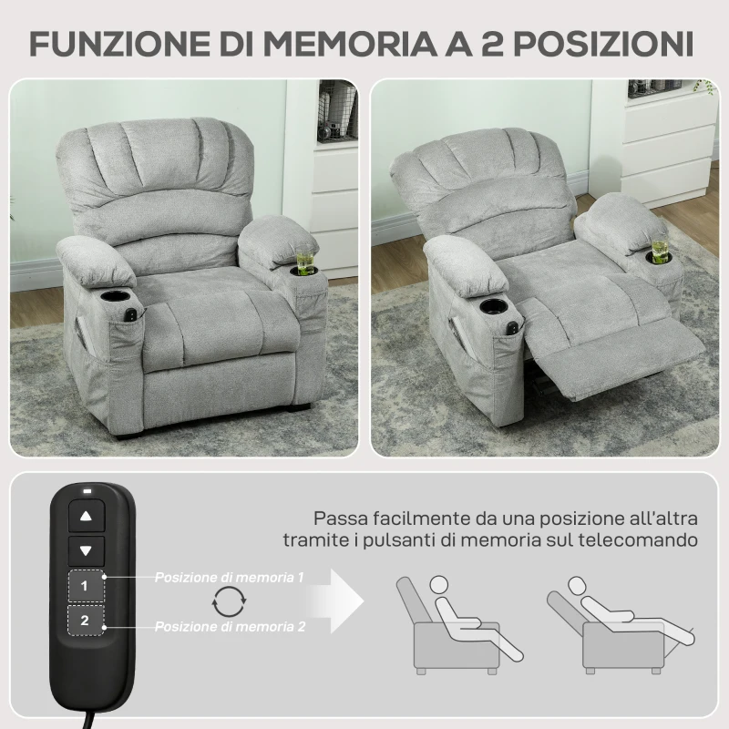 HOMCOM Poltrona Relax Elettrica Reclinabile 150° con Poggiapiedi, Seduta Ampia, Silenziosa, Velluto, Grigio