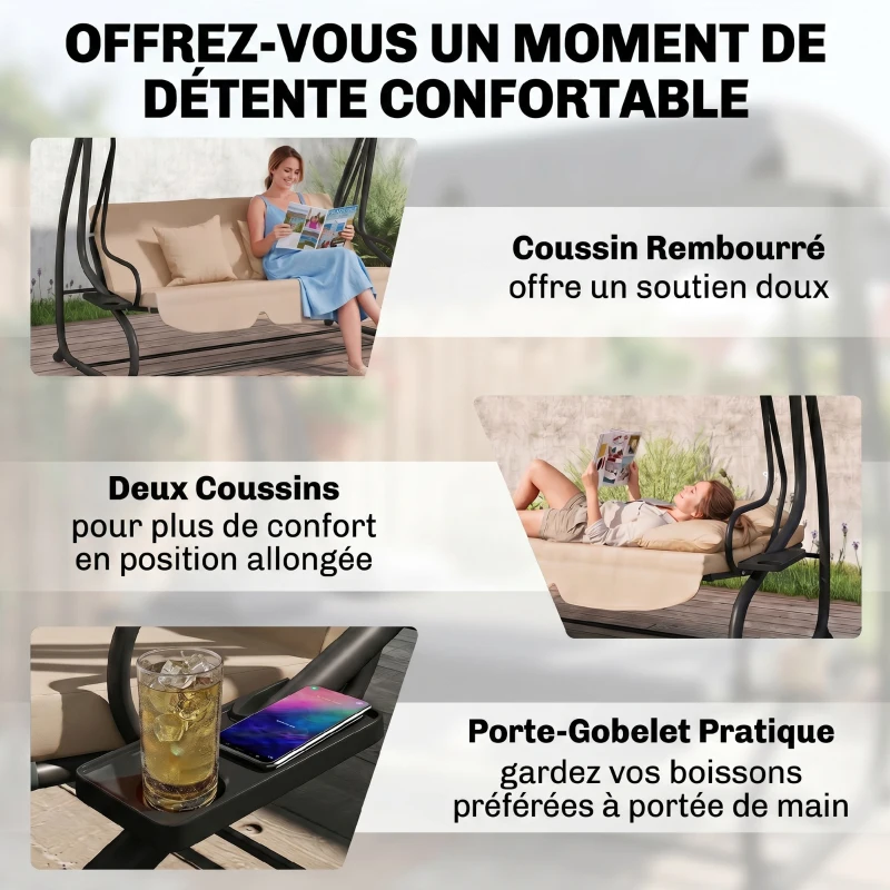 Outsunny Balancelle de jardin 3 places convertible toit inclinaison réglable 2 tablettes 2 x 1,2 x 1,64 m acier sable