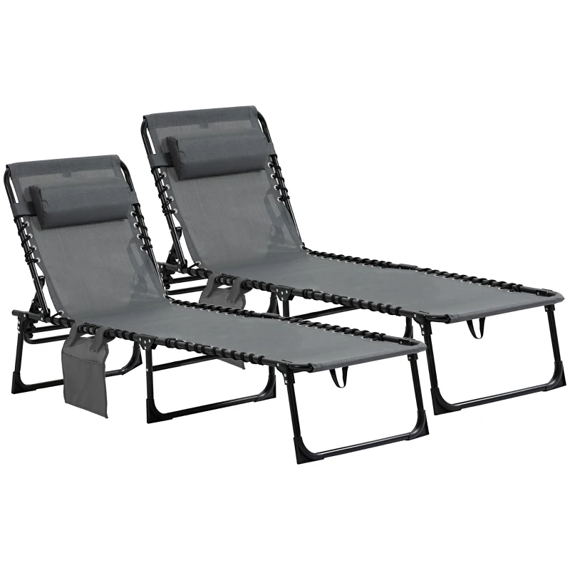 Outsunny Conjunto de 2 Tumbonas Plegables con Respaldo Ajustable Reposacabezas y Estructura de Acero 185x58x30 cm Gris