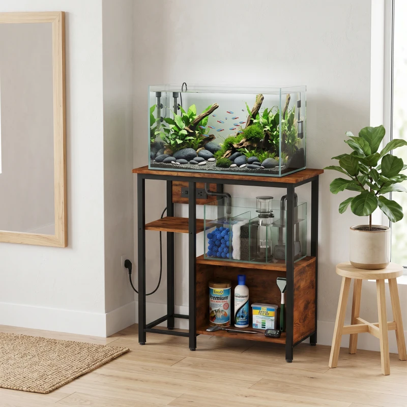 PawHut Fish Tank Stand with Power Outlets Aquarium Stand with Cabinet 20-29 Gallon Tanks Tiger Wood Grain