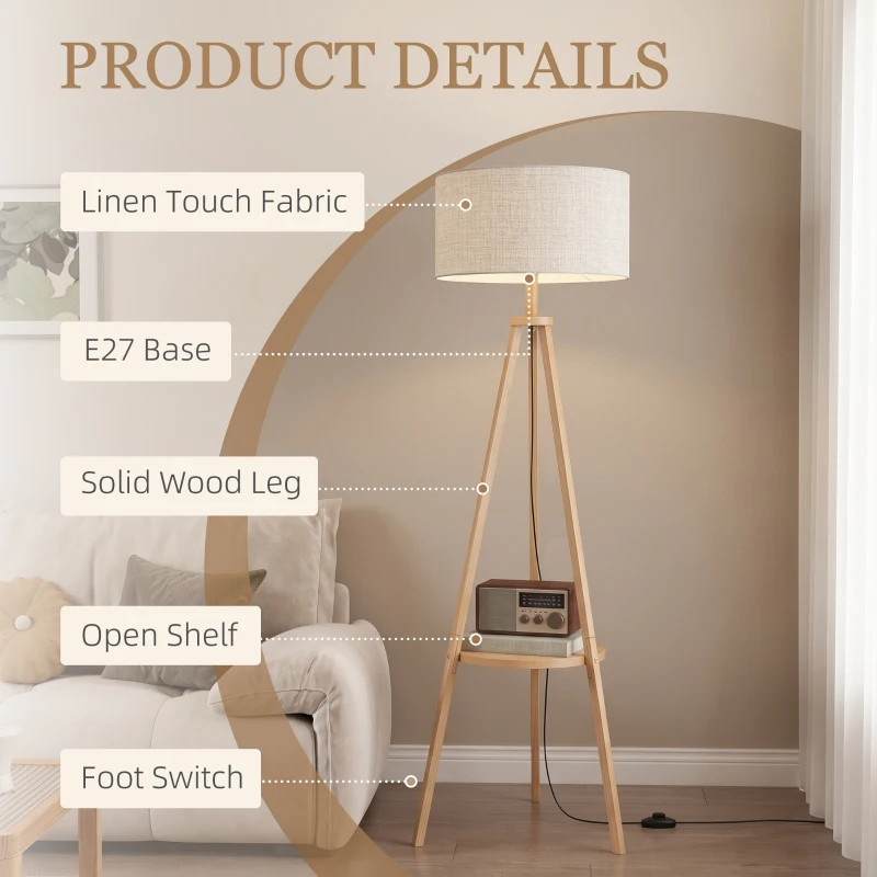 HOMCOM Bedside Light, Tripod Floor Lamp with Storage Shelf and Linen Shade for Living Room, 160cm, Natural Wood Colour