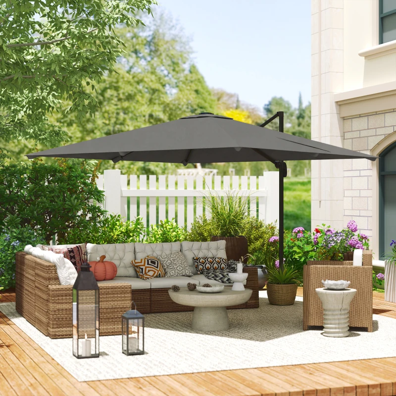 Outsunny Ombrellone a Sbalzo Inclinabile 3x3 m con Base a Croce e Manovella, in Poliestere Grigio Scuro