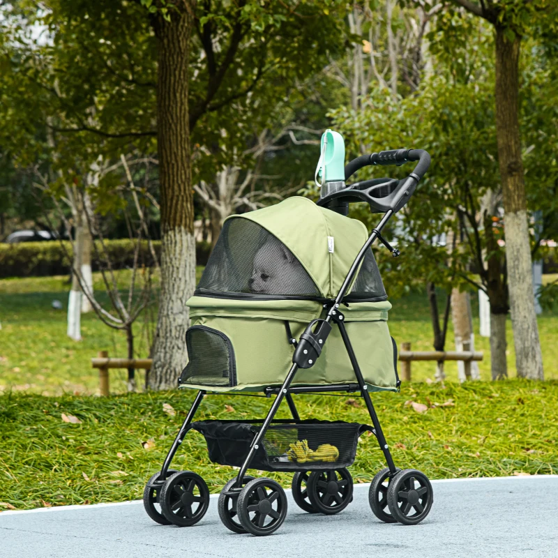 PawHut Hundewagen Hundebuggy, klappbar, 2 Sicherheitsleinen, 2 Becherhalter,  67 x 45 x 96 cm, Khaki(m-10)