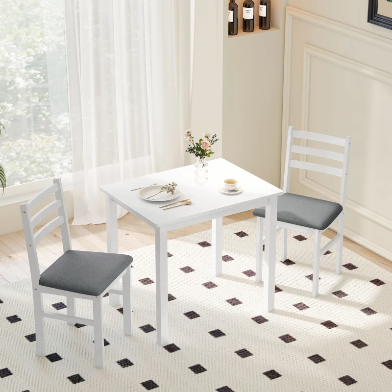 HOMCOM 3-teiliges Esstisch-Set mit 2 Stühlen, Küchentisch für kompakte Räume, gepolsterte Stühle, platzsparend, MDF, Weiß(m-10)