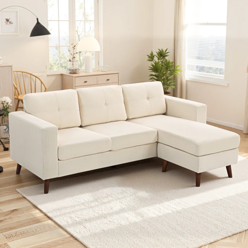 HOMCOM Sofá Chaise Longue Reversível de 3 Lugares Estofado em Veludo Estrutura de Aço Para Salas Pequenas Creme