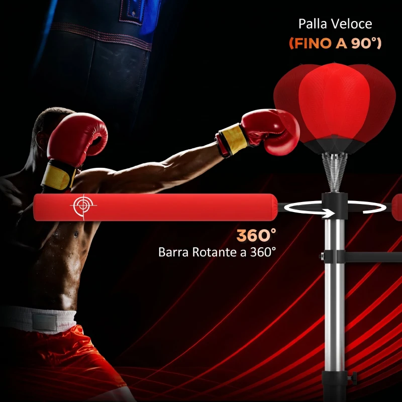 HOMCOM Sacco Boxe da Terra 4 in 1 con 2 Speedball, Barra Girevole e Sacco, Altezza Regolabile da 160-230cm, Rosso
