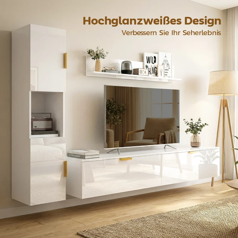 HOMCOM Schwebendes TV-Board mit Klapptüren Entertainment-Center Wandregal Schrank 180 cm Hochglanz Weiß