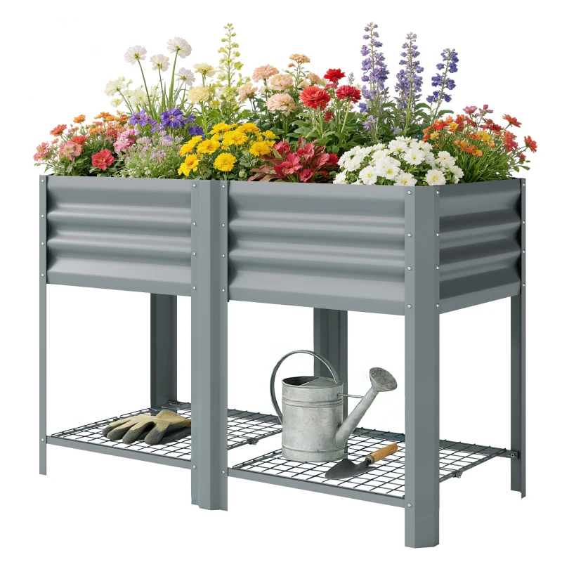 Outsunny Raised Garden Bed with Storage Shelf Steel Elevated Planter Box with Legs for Outdoor Vegetables Flowers