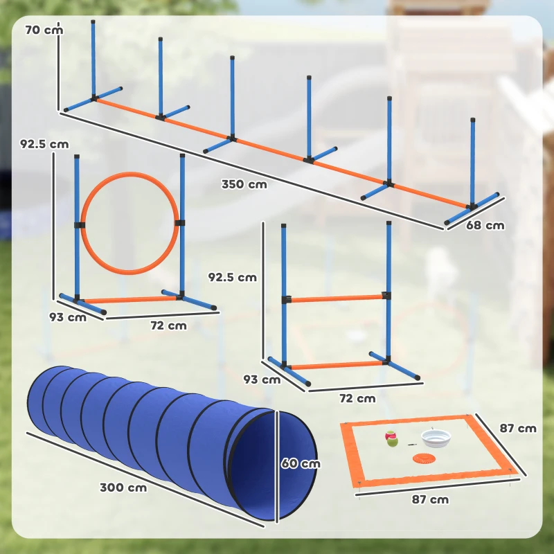 PawHut Set de antrenament Agility pentru câini, set de 8 piese cu tunel, stâlpi de slalom, obstacole reglabile, cerc de sărituri, bol