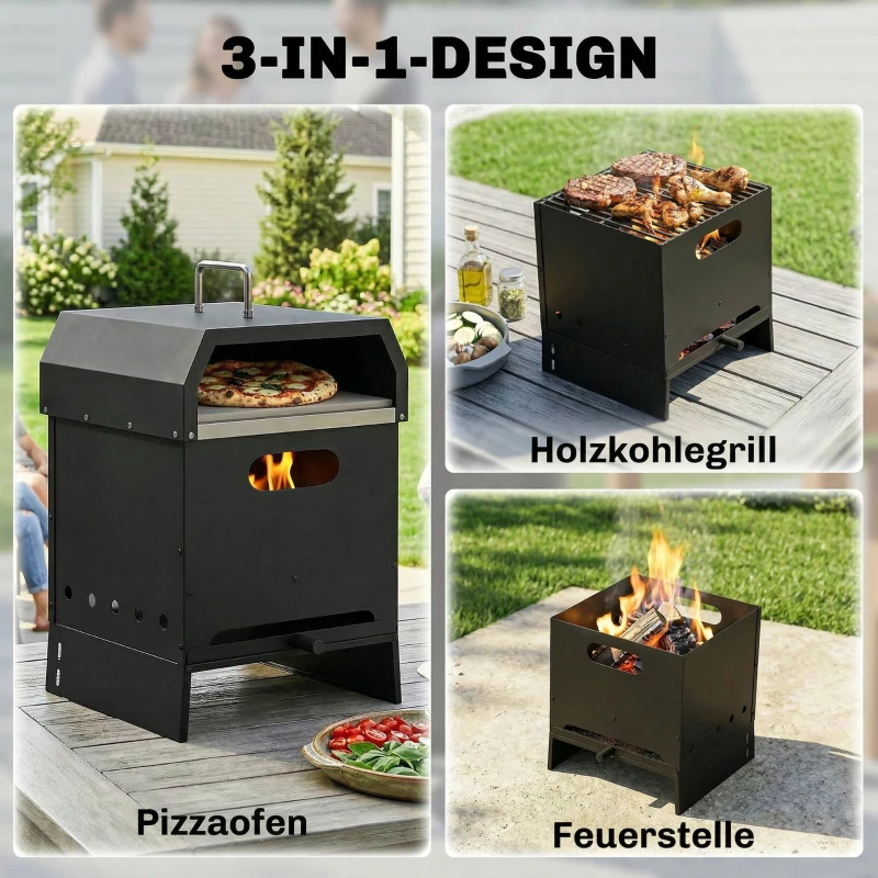 Outsunny 3-in-1 Buitenshuis Pizzaoven Houtgestookte Pizza Oven 2-laags Oven met Pizzasteen Handgrepen Pizzaschep