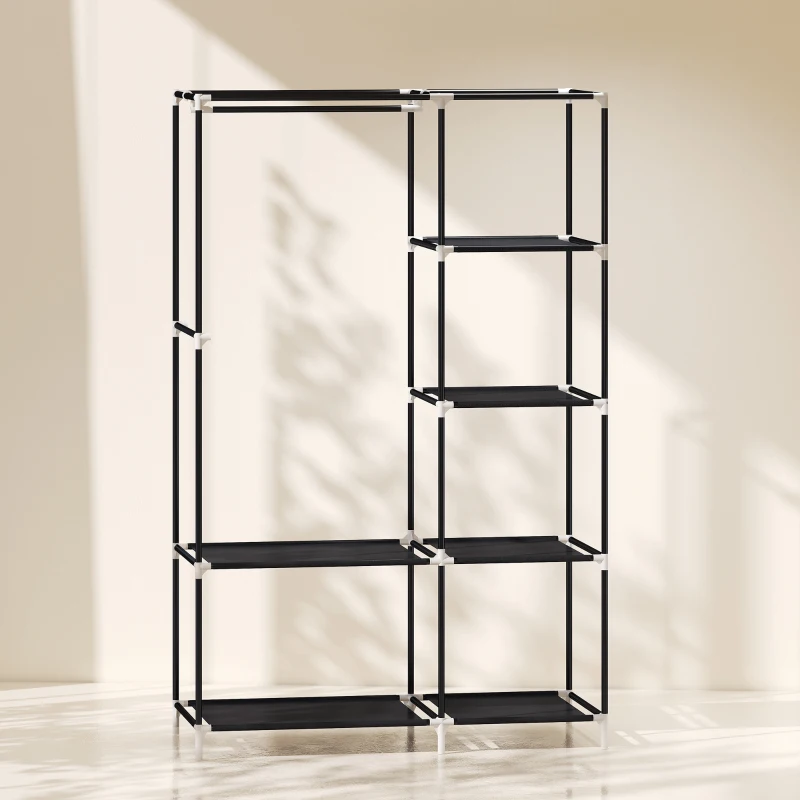 HOMCOM Stoffen kast, opbergoplossing, 6 planken, 1 kledingstang, zwart