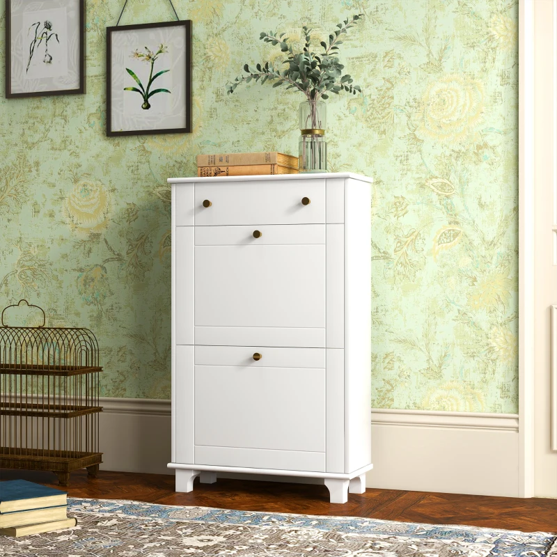 HOMCOM Scarpiera Salvaspazio Slim con 2 Ante a Ribalta, Scarpiera Ingresso con Ripiani Regolabili, Cassetto, Base Rialzata, Bianco