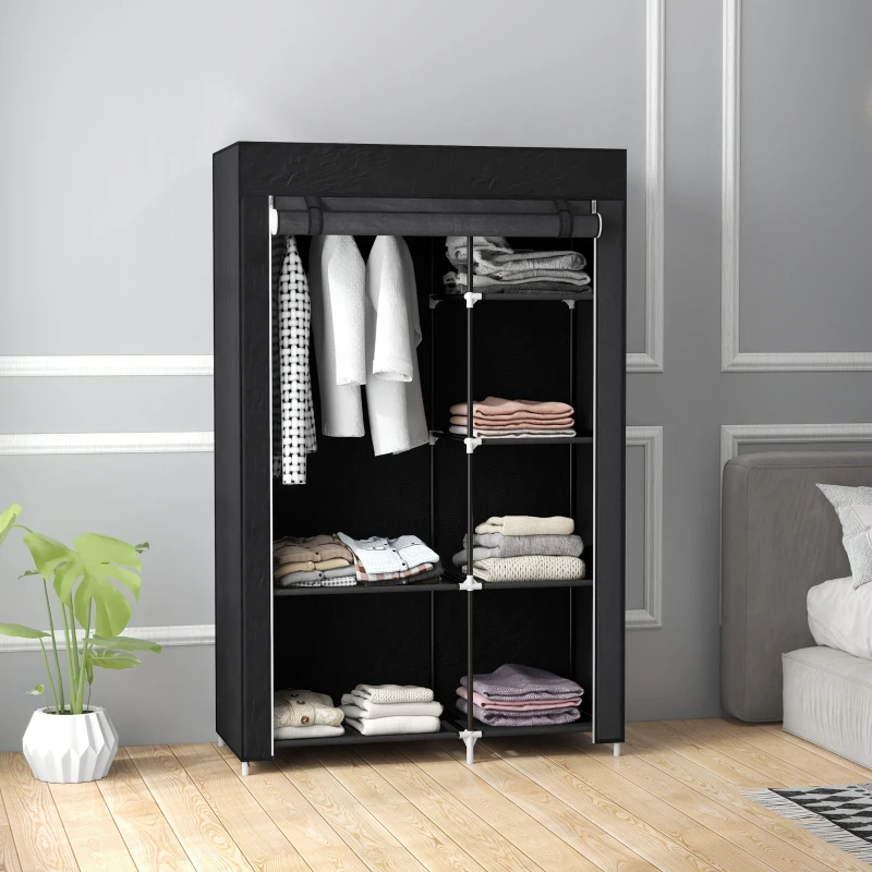 HOMCOM Fabric Wardrobe, Portable Wardrobe with 6 Shelves, 1 Hanging Rail, Foldable Closets, 103 x 43 x 162.5 cm, Black