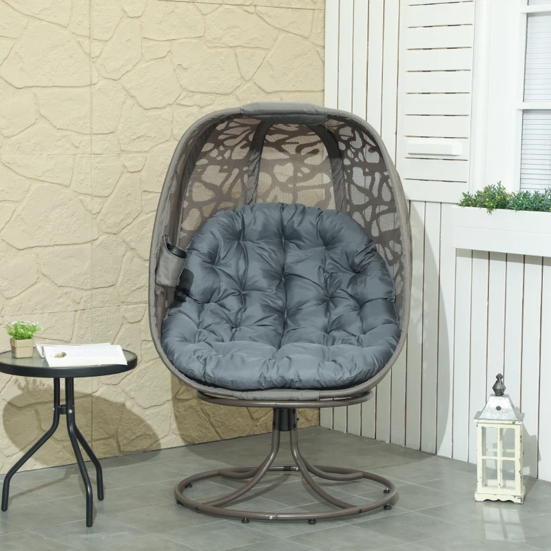 Outsunny Swivel Egg Chair with Cushions, Foldable Basket Seat and Metal Frame, Indoor Outdoor Lounge Chair for Balcony, Patio and Living Room, Grey