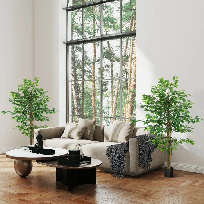 HOMCOM Pack de 2 Plantas Artificiales con Troncos Naturales 150 cm Ficus Sintéticas con 882 Hojas Decoración para Hogar Verde