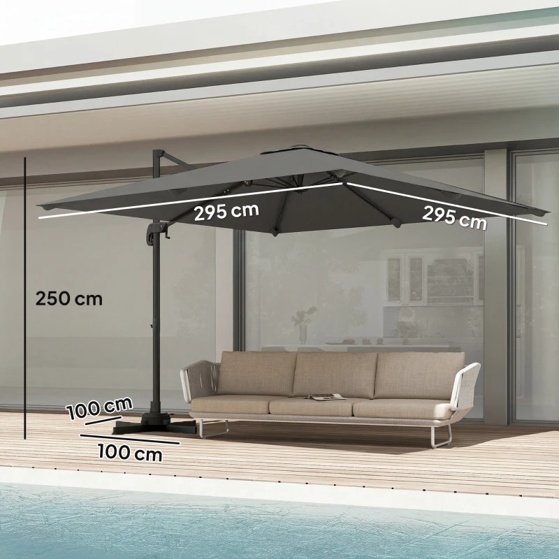 Outsunny Ombrellone a Sbalzo Inclinabile 3x3 m con Base a Croce e Manovella, in Poliestere Grigio Scuro