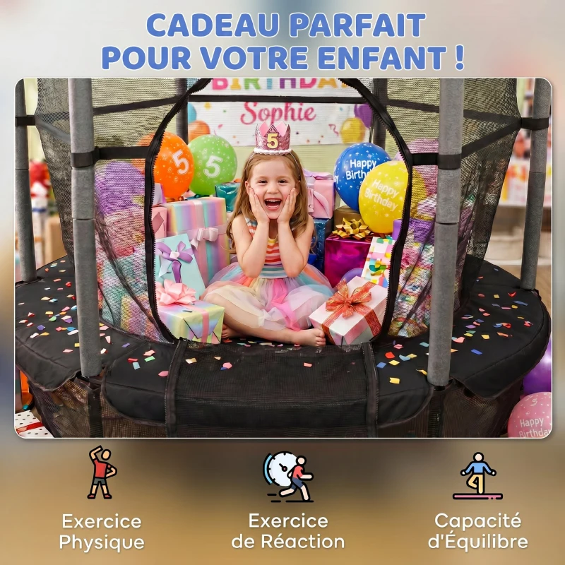 HOMCOM Trampoline Enfant Ø 1,63 × 1,9H m Filet de sécurité Porte zipée Couvre-Ressorts 6 poteaux rembourrés Inclus Noir
