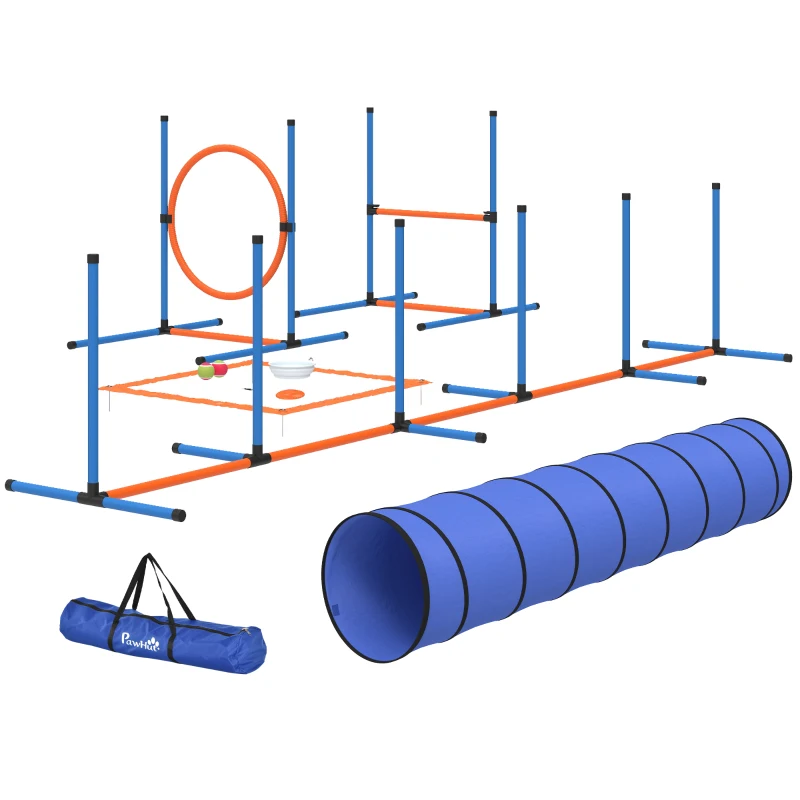 PawHut Set de antrenament Agility pentru câini, set de 8 piese cu tunel, stâlpi de slalom, obstacole reglabile, cerc de sărituri, bol