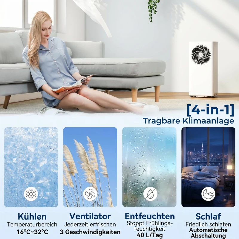 HOMCOM Mobiles Klimagerät 9000 BTU, 4-in-1 Mobile Klimaanlage mit Kühlung, 40 L/Tag Entfeuchter, Ventilator, Schlafmodus