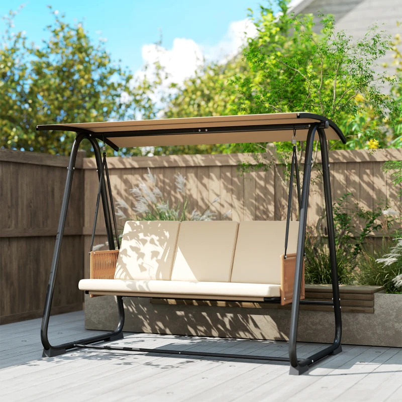 Outsunny Balancelle de Jardin Banc Suspendu Extérieur 3 Places Structure Acier Robuste 360kg Coussin Grand Confort 7cm Sable