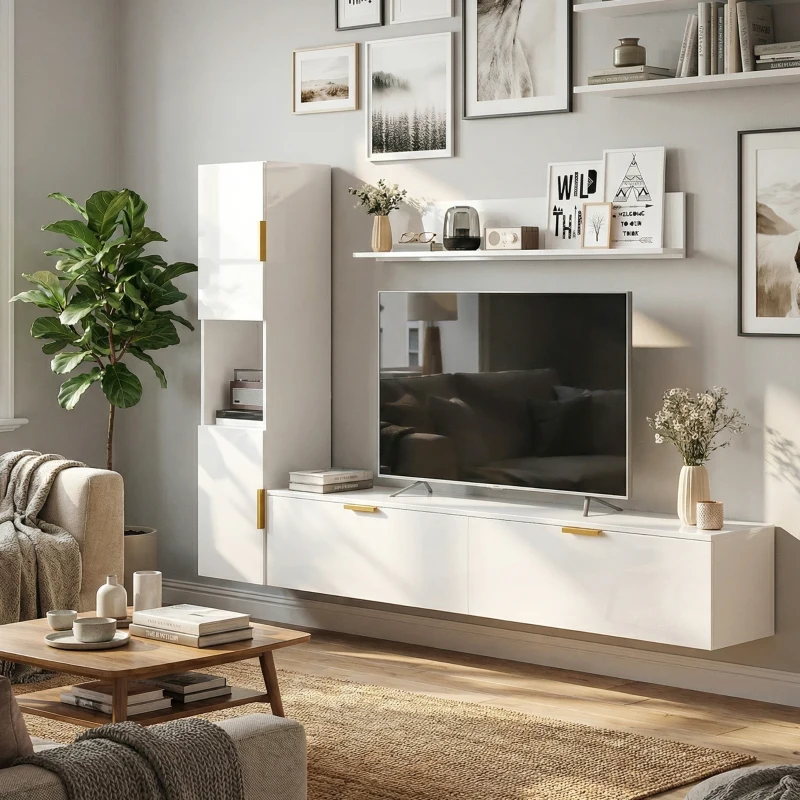HOMCOM Schwebendes TV-Board mit Klapptüren Entertainment-Center Wandregal Schrank 180 cm Hochglanz Weiß