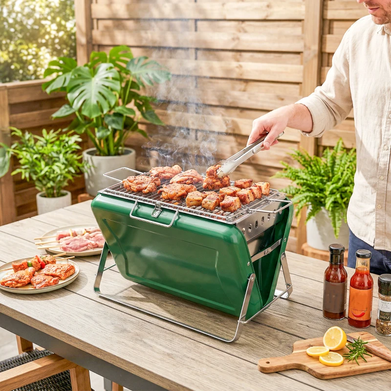 Outsunny Barbecue au charbon bois pliable, barbecue portable, poignée et pieds repliables, pour jardin, terrasse, camping, vert