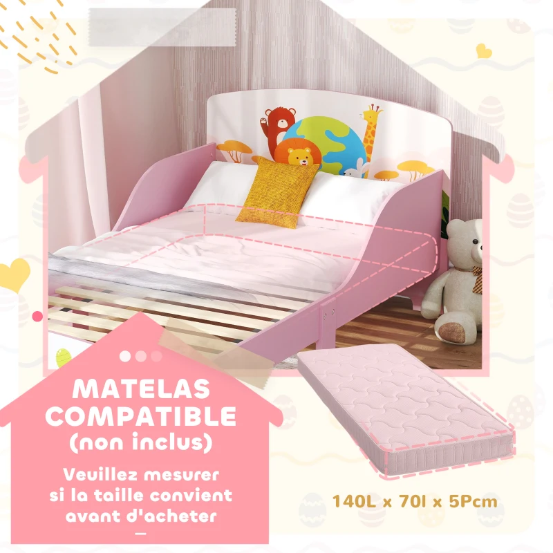 AIYAPLAY Lit Enfant 70x140 cm motif animal 140 x 70 cm avec sommier à lattes en bois design bas sécurisé rose