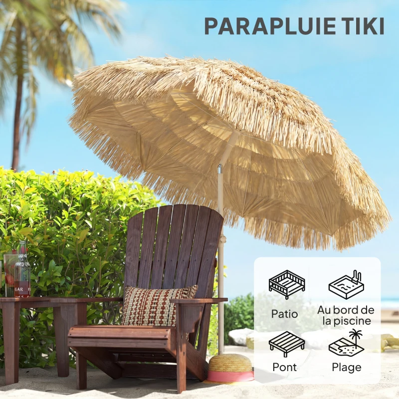 Outsunny Parasol de plage Ø 1,85 m, grand parasol inclinable, style hawaïen, hauteur du mât réglage, sac de transport , kaki