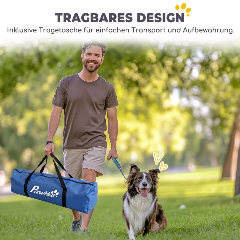 PawHut Zestaw treningowy Agility dla psów, 8-częściowy zestaw z tunelem, tyczkami slalomu, regulowanymi przeszkodami, obręczą do skoków, miską