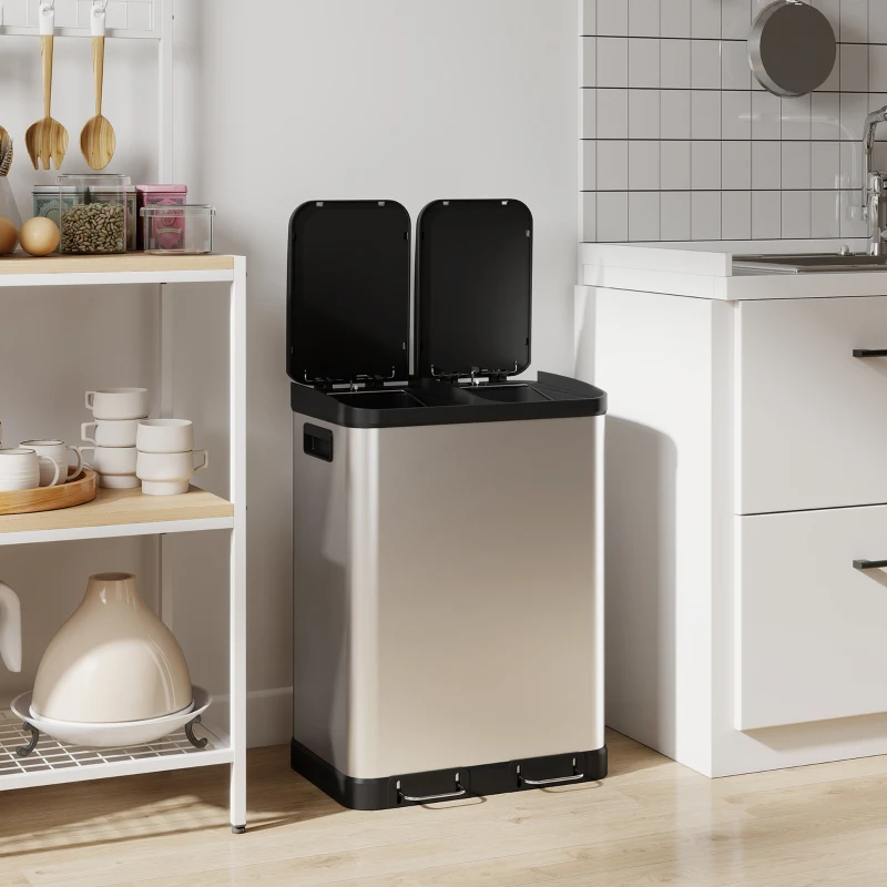 HOMCOM Küchenmülleimer mit Doppelkammer 2 x 30 l, Treteimer aus Edelstahl, Soft-Close-Deckel, Silber