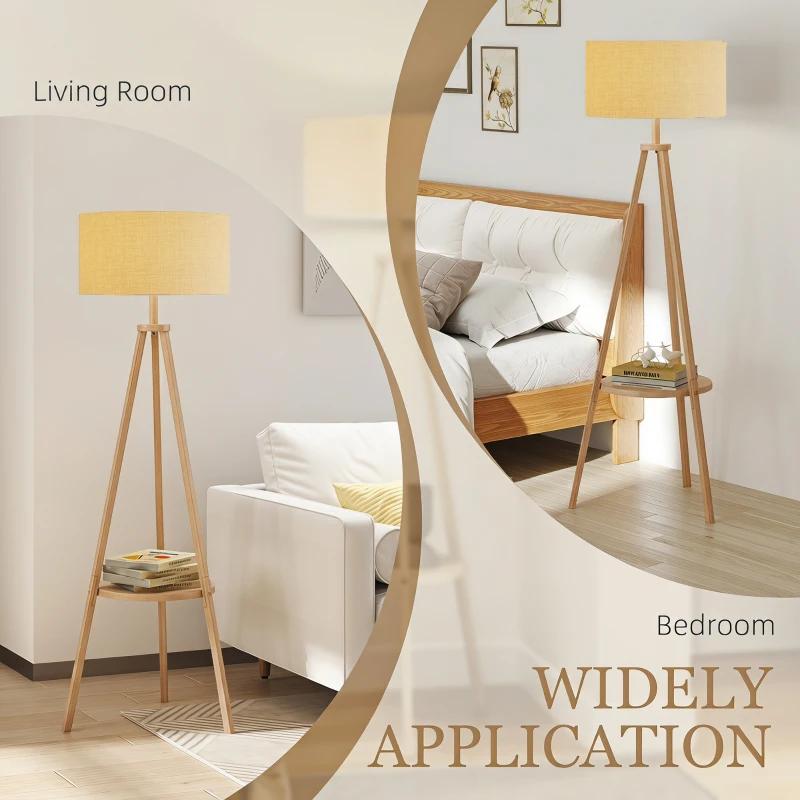 HOMCOM Bedside Light, Tripod Floor Lamp with Storage Shelf and Linen Shade for Living Room, 160cm, Natural Wood Colour