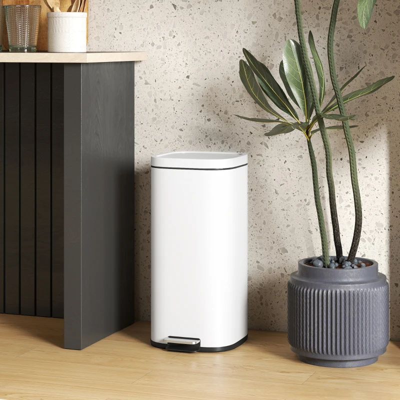 HOMCOM Cubo de Basura de Cocina 30 L con Pedal y Tapa Cierre Suave Función de Retención Abierta para Cocina Hogar Blanco