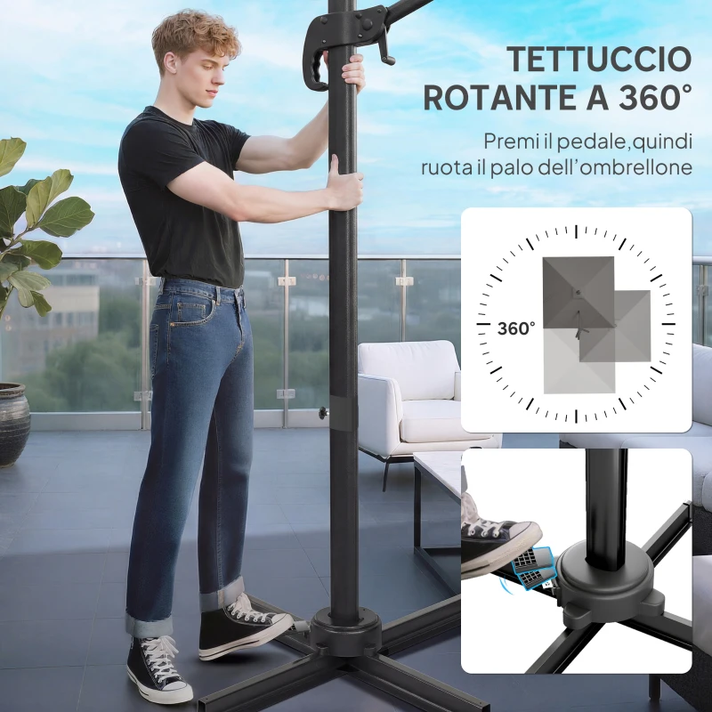 Outsunny Ombrellone a Sbalzo Inclinabile 3x3 m con Base a Croce e Manovella, in Poliestere Grigio Scuro