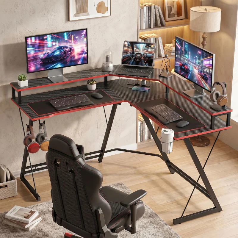 HOMCOM L-vormig computertafel met stopcontacten, 128 cm hoekbureau met monitorstandaard, hoofdtelefoonhaak & bekerhouder