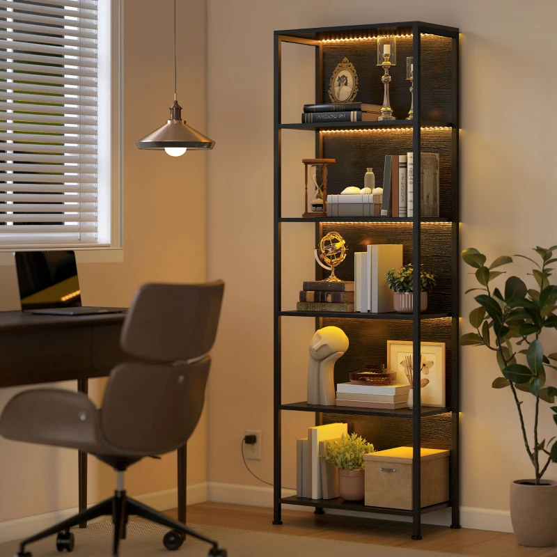 HOMCOM Bücherregal mit 5 Ebenen Standregal mit LED-Beleuchtung, 7 Lichtfarben, für Wohnzimmer, 60 x 30 x 179 cm Schwarz
