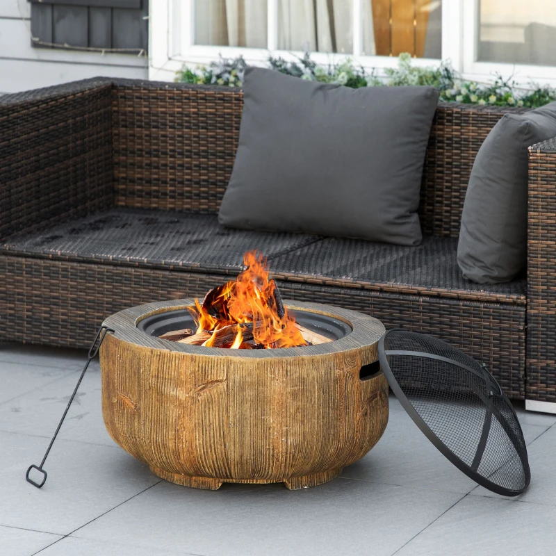 Outsunny Outdoor Fire Pit, 61.5 cm Metal Wood Burning Fireplace with Spark Cover, Poker, Woodgrain Design