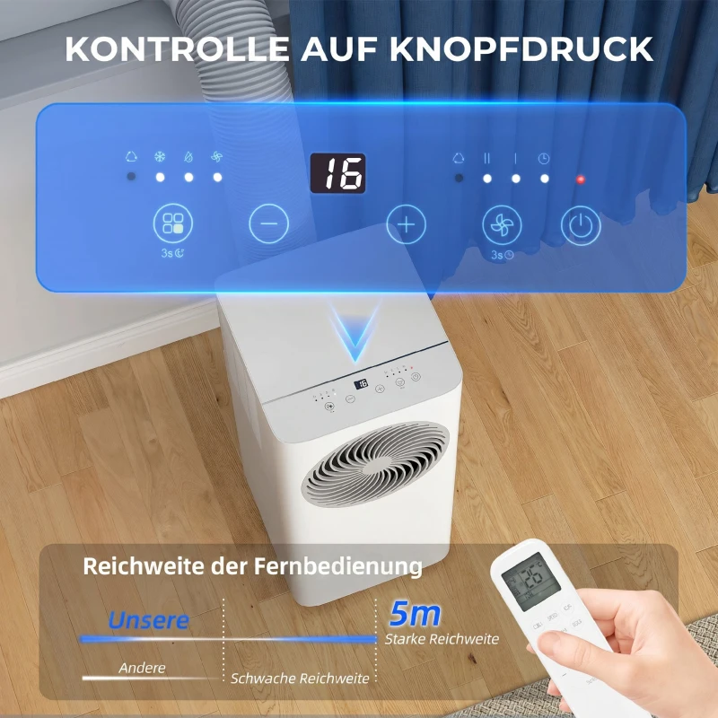 HOMCOM Mobiles Klimagerät 9000 BTU, 4-in-1 Mobile Klimaanlage mit Kühlung, 40 L/Tag Entfeuchter, Ventilator, Schlafmodus
