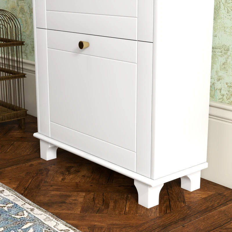HOMCOM Scarpiera Salvaspazio Slim con 2 Ante a Ribalta, Scarpiera Ingresso con Ripiani Regolabili, Cassetto, Base Rialzata, Bianco