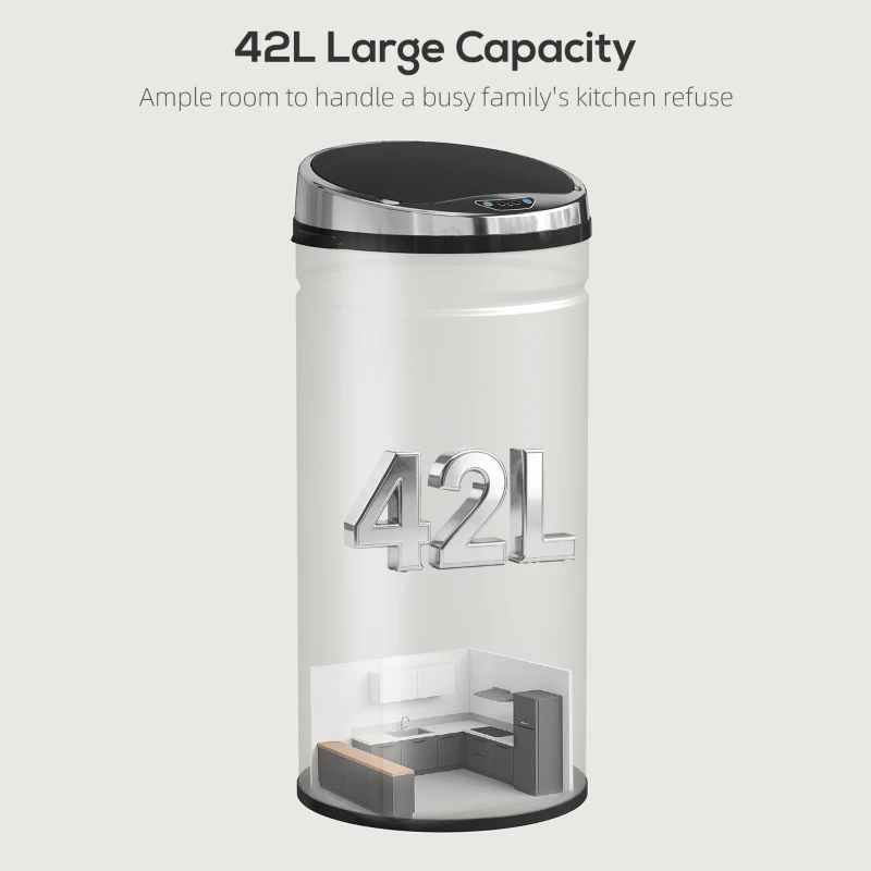 HOMCOM Poubelle à capteur de mouvement ouverture automatique 1 bac de 42 L en acier inoxydable noir et argent