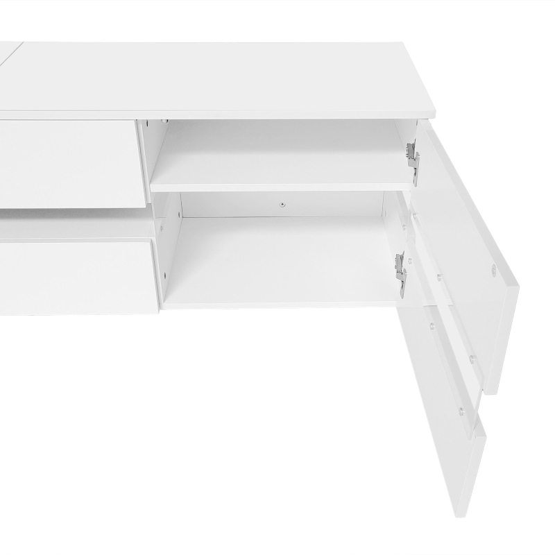 High-Gloss LED TV Cabinet with App-Controlled LED Lighting, Modern TV Stand with 2 Open Shelves, 160L x 38W x 50.5H cm, White