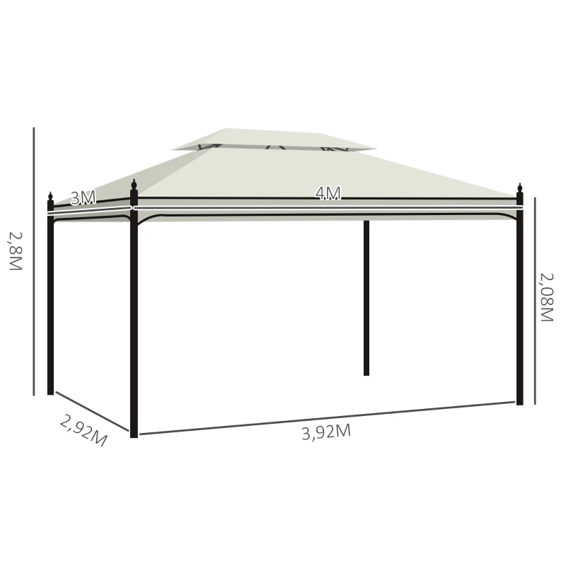 Outsunny Pérgola de Jardim 4x3 m com Telhado Duplo 4 Cortinas Estrutura de Aço 8 Orifícios de Drenagem Anti-UV Creme