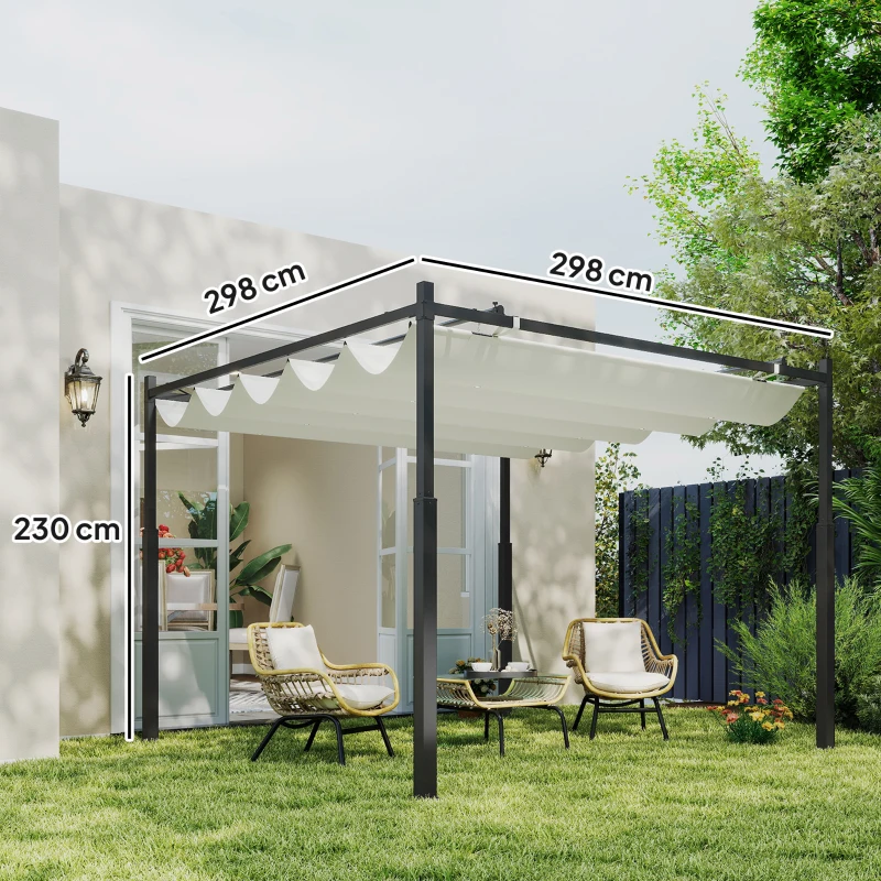 Outsunny Garten-Pergola, 3 x 3 m, Ausziehbares Dach und Magnetpad, Outdoor-Baldachin, Garten-Pavillon, UPF30+, Metall, Cremeweiß(m-3)