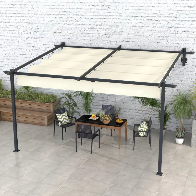 Outsunny Pérgola 4x3 m Cenador de Jardín con Techo Retráctil de Poliéster y Marco de Acero Crema y Gris Oscuro